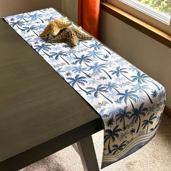 Versatile Tropical Oceanic Blue Mediterranean Date Palm Trees 72" Table Runner - Picture 1 of 6